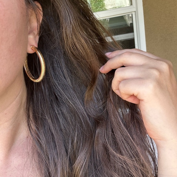 Steve Madden Gold Textured Hoop Earrings - Picture 3 of 3